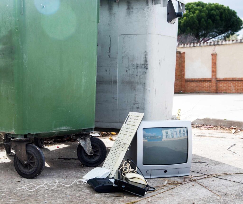 Old keyboard, tv and broken mouse next to dumpsters